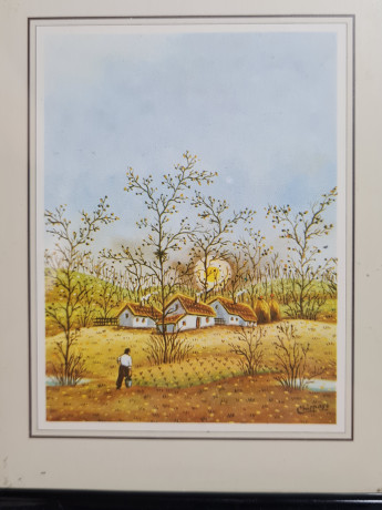 Картина винтажная Chispasa "Фермер в полях", в раме, 15 х 12 см, Германия, 1980-90гг.