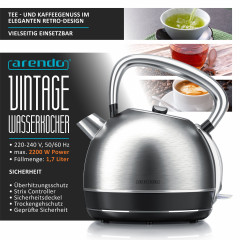 Arendo Arendo Wasserkocher, 1,7 l, 2200 W, Edelstahl Retro Style Vintage, Uberhitzung  Trockenkochschutz, silber  Чайник Arendo, 1,7 л, 2200 Вт, нержавеющая сталь, винтажный ретро-стиль, защита от перегрева, защита от выкипания, серебристый