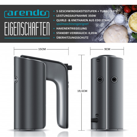 Arendo Arendo Handmixer, 350 W, aus Edelstahl mit Turbostaste, Handruhrer inkl. 2 Quirle  2 Knethaken  Ручной миксер Arendo, 350 Вт, из нержавеющей стали, с турбо-кнопкой, ручной миксер, в комплекте 2 венчика и 2 крюка для теста.