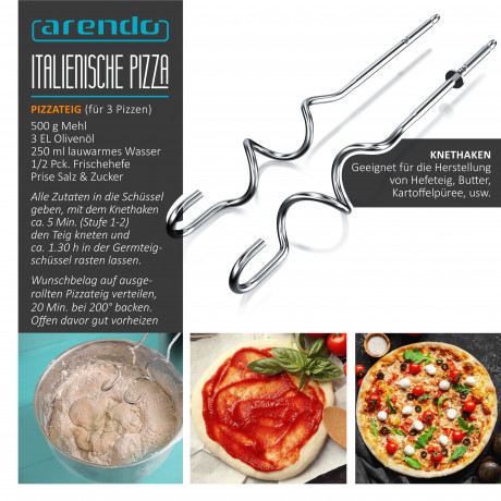Arendo Arendo Handmixer, 350 W, aus Edelstahl mit Turbostaste, Handruhrer inkl. 2 Quirle  2 Knethaken  Ручной миксер Arendo, 350 Вт, из нержавеющей стали, с турбо-кнопкой, ручной миксер, в комплекте 2 венчика и 2 крюка для теста.