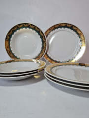 H&amp;C Czechoslovakia Набор тарелок Белый фарфор с зелено-золотым  ободком, 4шт х 23 x 3,5 см и 4шт х 24,5 x 3 см, Чехословакия, 1960-70гг.