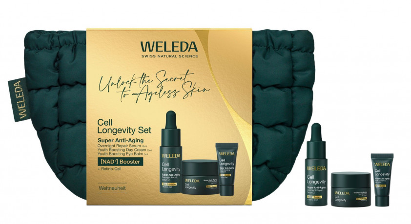 WELEDA Cell Longevity Super Anti-Aging Kennenlern Geschenkpackung, 3 Produkte, 15 ml + 10 ml + 5 ml, Kosmetiktasche, Подарочный набор Cell Longevity Super Anti-Aging: дневной крем 15 мл, ночная сыворотка 10 мл и бальзам вокруг глаз 5 мл и косметичка