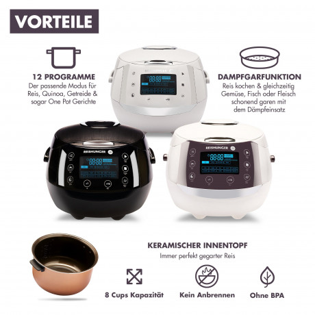 Reishunger Reishunger Reiskocher Digitaler Reiskocher Dampfgarer, 860 W, Timer- und Warmhaltefunktion, 7-Kochphasen-Technologie, LED-Display Grau mit Kochbuch Рисоварка Reishunger цифровая рисоварка-пароварка, 860 Вт, таймер и функция поддержания тепла,