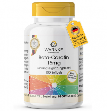 Warnke Beta-Carotin 15 mg, 100st, Бета Каротин 15мг натуральный (Германия), провитамин A для здоровья глаз и сияющей кожи, 100шт