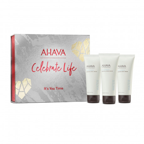 AHAVA CELEBRATE LIFE IT'S YOU TIME Geschenkset Duschgel Deadsea Water Mineral Shower Gel 100 ml + Körpermilch Deadsea Water Mineral Body Lotion 100 ml + Handcreme Deadsea Water Mineral Hand Cream 100 ml