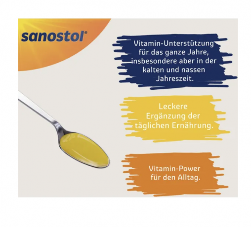 Sanostol Plus Eisen Saft age 6+, 460 ml, Саностол Мультивитаминный сироп с витаминами А, В6, С, D и железом для детей от 6ти лет, апельсиновый вкус, 460 мл