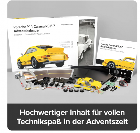 Porsche 911 Carrera RS 2.7 Franzis 67273, Адвент-календарь Конструктор модель 1:24 с подсветкой и звуковым модулем, 24 детали, коллекционная модель, подарок мужчине