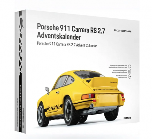 Porsche 911 Carrera RS 2.7 Franzis 67273, Адвент-календарь Конструктор модель 1:24 с подсветкой и звуковым модулем, 24 детали, коллекционная модель, подарок мужчине