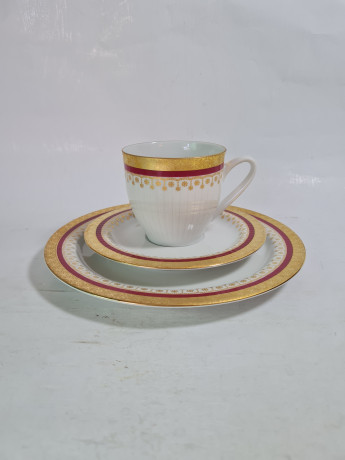 Кофейное трио винтажное Scherzer Bavaria, бело-красный фарфор с обильным позолоченным декором, 10 x 7 см / 14 см / 19,5 см, Германия, 1960-70гг.