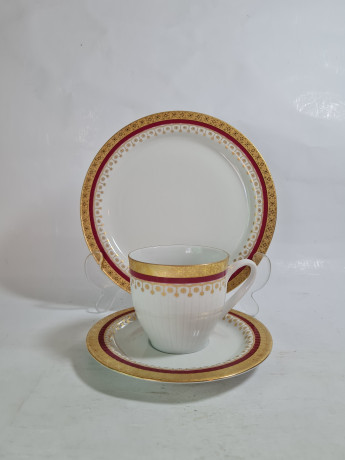 Кофейное трио винтажное Scherzer Bavaria, бело-красный фарфор с обильным позолоченным декором, 10 x 7 см / 14 см / 19,5 см, Германия, 1960-70гг.