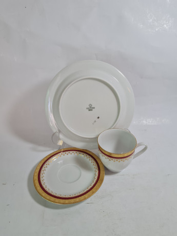 Кофейное трио винтажное Scherzer Bavaria, бело-красный фарфор с обильным позолоченным декором, 10 x 7 см / 14 см / 19,5 см, Германия, 1960-70гг.