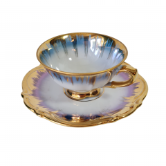 Кофейная пара винтажная RW Bavaria, бело-синий фарфор с декором и обильной позолотой, 9 x 4,5 см / 12 см, Германия, 1960-70гг.