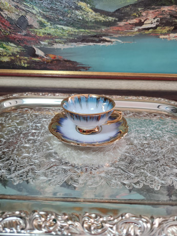 Кофейная пара винтажная RW Bavaria, бело-синий фарфор с декором и обильной позолотой, 9 x 4,5 см / 12 см, Германия, 1960-70гг.