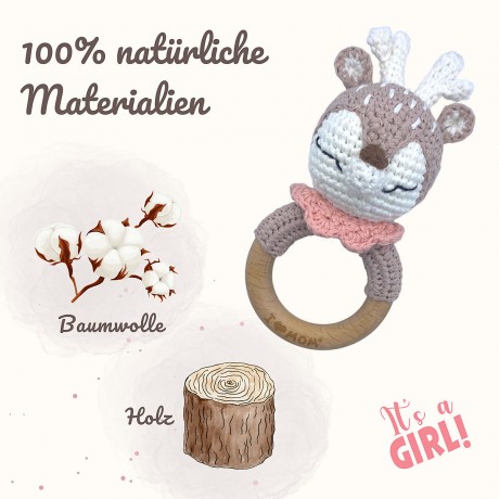 Angels Baby Gehakelte Babyrassel aus Baumwolle mit Beissring aus Holz in niedlichem Tiermotiv Вязаная крючком детская погремушка из хлопка с деревянным колечком для прорезывания зубов в милом зверином мотиве.