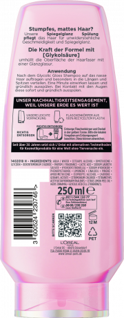L'Oreal Paris Elvital Glycolic Gloss Spiegelglanz Spuelung, 250 ml, Кондиционер с гликолевой кислотой для гладкости и зеркального блеска волос, увлажнение до 48 часов, 250 мл
