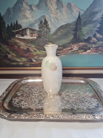 Johann Haviland Bavaria Фарфоровая ваза с зелено-золотым рисунком, 19,5 x 6,5 см, Германия, 1960-70гг.