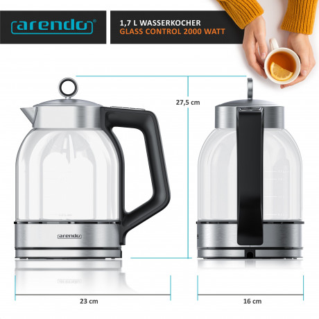 Arendo Arendo Wasserkocher, 1,7 l, 2000 W, Glas Edelstahl, Temperatureinstellung, 360° Basis, Warmhaltefunktion Чайник Arendo, 1,7 л, 2000 Вт, стекло нержавеющая сталь, регулировка температуры, подставка на 360°, функция поддержания тепла