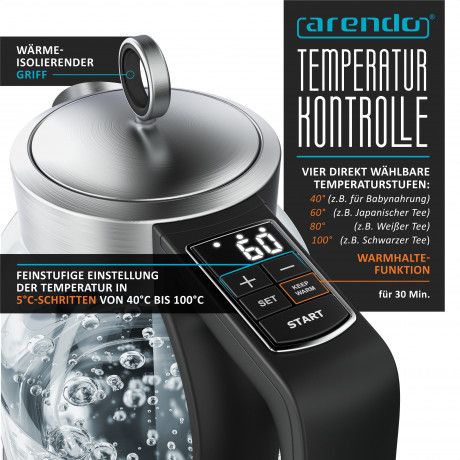 Arendo Arendo Wasserkocher, 1,7 l, 2000 W, Glas Edelstahl, Temperatureinstellung, 360° Basis, Warmhaltefunktion Чайник Arendo, 1,7 л, 2000 Вт, стекло нержавеющая сталь, регулировка температуры, подставка на 360°, функция поддержания тепла