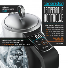 Arendo Arendo Wasserkocher, 1,7 l, 2000 W, Glas  Edelstahl, Temperatureinstellung, 360° Basis, Warmhaltefunktion  Чайник Arendo, 1,7 л, 2000 Вт, стекло нержавеющая сталь, регулировка температуры, подставка на 360°, функция поддержания тепла