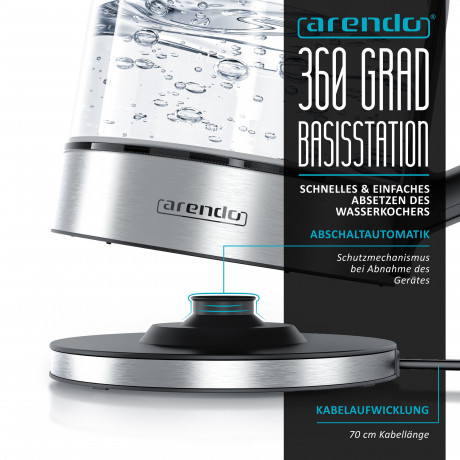 Arendo Arendo Wasserkocher, 1,7 l, 2000 W, Glas Edelstahl, Temperatureinstellung, 360° Basis, Warmhaltefunktion Чайник Arendo, 1,7 л, 2000 Вт, стекло нержавеющая сталь, регулировка температуры, подставка на 360°, функция поддержания тепла