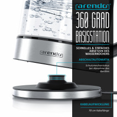 Arendo Arendo Wasserkocher, 1,7 l, 2000 W, Glas  Edelstahl, Temperatureinstellung, 360° Basis, Warmhaltefunktion  Чайник Arendo, 1,7 л, 2000 Вт, стекло нержавеющая сталь, регулировка температуры, подставка на 360°, функция поддержания тепла