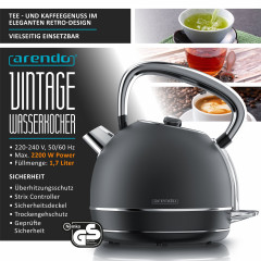 Arendo Arendo Wasserkocher, 1,7 l, 2200 W, Edelstahl, Retro Style Vintage, LED Temperaturanzeige, grau  Чайник Arendo 1,7 л, 2200 Вт, нержавеющая сталь, ретро-стиль, винтажный светодиодный дисплей температуры, серый