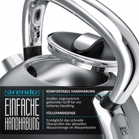 Arendo Arendo Wasserkocher, 1,7 l, 2200 W, Edelstahl, Retro Style Vintage, LED Temperaturanzeige, grau Чайник Arendo 1,7 л, 2200 Вт, нержавеющая сталь, ретро-стиль, винтажный светодиодный дисплей температуры, серый