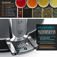 Arendo Arendo Wasserkocher, 1,7 l, 2200 W, Edelstahl, Retro Style Vintage, LED Temperaturanzeige, grau  Чайник Arendo 1,7 л, 2200 Вт, нержавеющая сталь, ретро-стиль, винтажный светодиодный дисплей температуры, серый