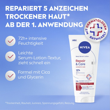 NIVEA Repair & Care Body Serum-Lotion, 200 ml, Нивеа Сыворотка лосьон для тела, 12% глицерин, натуральные масла и центелла, для сухой кожи, 72ч увлажнение, 200 мл