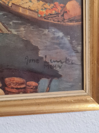 Картина винтажная "Пейзаж с лодками в Тайланде", масло, 51,5 x 45 см, Германия, 1960-70гг.