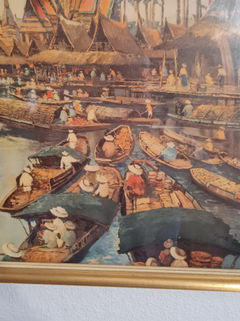 Картина винтажная "Пейзаж с лодками в Тайланде", масло, 51,5 x 45 см, Германия, 1960-70гг.