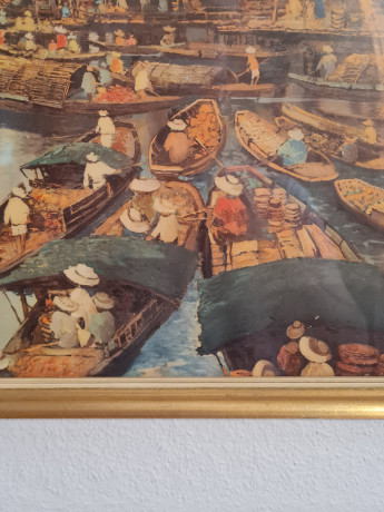 Картина винтажная "Пейзаж с лодками в Тайланде", масло, 51,5 x 45 см, Германия, 1960-70гг.