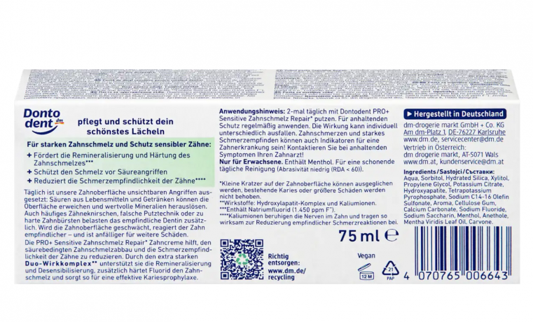 DONTODENT Zahnpasta PRO+ Sensitive Zahnschmelz Repair, 75 ml Зубная паста PRO+ для реминерализации и восстановления эмали зубов, активный комплекс DUO с гидроксиапатитом и ионами калия, подходит для чувствительных зубов, 75 мл