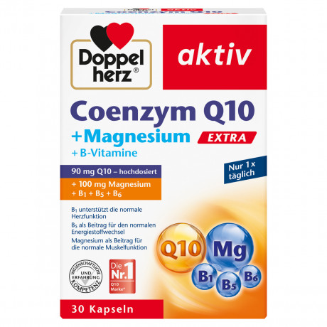 Doppelherz Coenzym Q10 + Magnesium + B-Vitamine EXTRA, 30 Kapseln, 23,3 g, Коэнзим Q10 90 мг с магнием 100 мг и витаминами B1, B5, B6 для мышц, нервной системы и умственной работоспособности, 30 капсул, 23,3 г