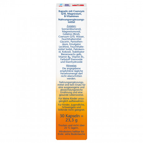 Doppelherz Coenzym Q10 + Magnesium + B-Vitamine EXTRA, 30 Kapseln, 23,3 g, Коэнзим Q10 90 мг с магнием 100 мг и витаминами B1, B5, B6 для мышц, нервной системы и умственной работоспособности, 30 капсул, 23,3 г