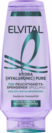 L'Oreal Paris Elvital Hydra Hyaluronic Pure 72H Feuchtigkeitsspendende Spuelung, 250 ml, Увлажняющий кондиционер для волос с жирными корнями и обезвоженной длиной, до 72 часов увлажнения, 250 мл