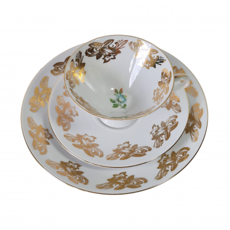 Чайное трио винтажное Bareuther Waldsassen Bavaria с розовыми цветами и золотым декором, фарфор, Германия, 1960-70гг.