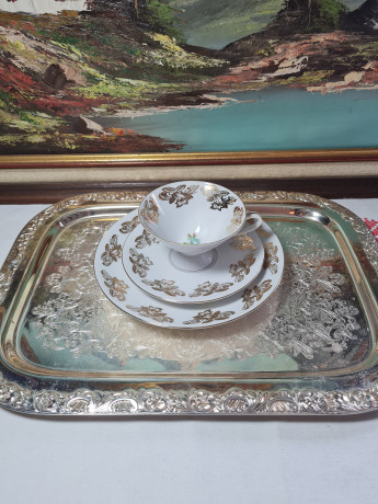 Чайное трио винтажное Bareuther Waldsassen Bavaria с розовыми цветами и золотым декором, фарфор, Германия, 1960-70гг.