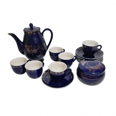 Сервиз кофейный винтажный в японском стиле на 4 персоны, в сине-золотистых тонах, фарфор, кофейные пары, сахарница, кофейник, Япония, 1960-70гг.