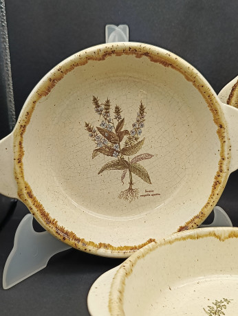 Тарелки сервировочные винтажные CCF France / Коллекция "Ботаника" с ручками, керамика, 3 шт., 20 см, Франция, 1970-80гг.