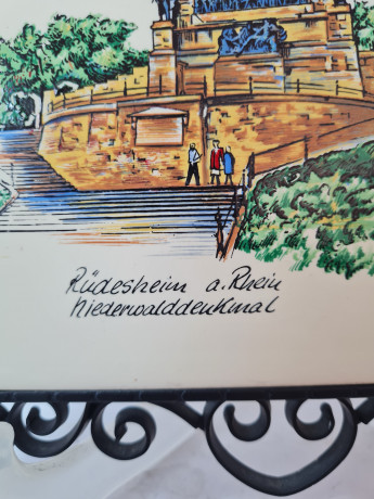 Панно винтажное Danischburg с изображением памятника Нидервальду, керамика в металлической раме, Мейер Кафель, 21 x 21,5 см, Германия, 1960-70гг.