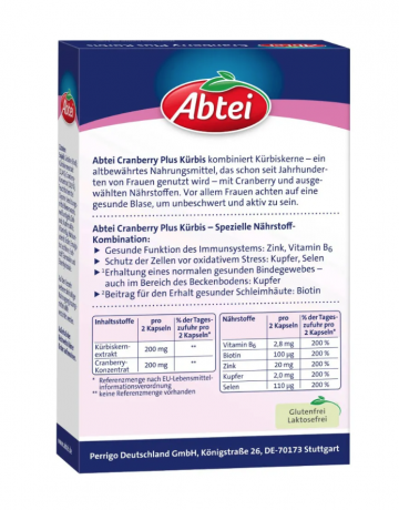 Abtei (Абтай) Cranberry + Kurbis Plus c экстрактом тыквенных семечек, концентратом клюквы, витамином B6, биотином, медью, цинком и селеном для поддержки системы мочевого пузыря и тазового дна, 30шт