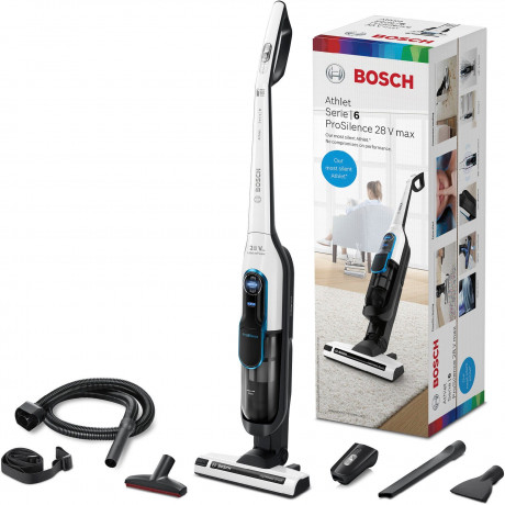 BOSCH BOSCH Akku-Stielstaubsauger Athlet BKH86SIL1, ProSilence 28V, beutellos, extra leise, inkl. Zubehor-Set, 60 Min. Laufzeit  Беспроводной пылесос BOSCH Athlet BKH86SIL1, ProSilence 28 В, без мешка, очен тихий, включая набор аксессуаров, время работы 6