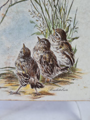 Панно винтажное Wlo &quot;Трясогузки в траве / Х. Арнот&quot;, керамика, 10 x 10 см, Германия, 1960-70гг.