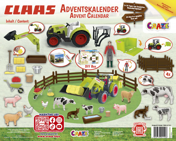 CRAZE - ADVENTSKALENDER 2026 CLAAS, Детский адвент-календарь 2026 CRAZE CLAAS с фермерскими фигурками и аксессуарами, 24 сюрприза