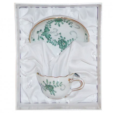Meissen Meissen Neuer Ausschnitt - Indische Malerei 2 mit Kante grun Goldpunkte mit Goldrand Mocca-/Espressotasse 2-tlg. Мейсен новый раздел - индийская живопись 2 с краем зеленые золотые точки с золотым ободком мокко / чашка для эспрессо 2 шт.