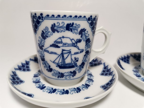 Hutschenreuther Pharisaer, Хутченройтер Фарфоровый Кофейный набор на 2 персоны с синим декором и яхтами, для Фарисей, Германия 1969г.