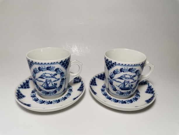 Hutschenreuther Pharisaer, Хутченройтер Фарфоровый Кофейный набор на 2 персоны с синим декором и яхтами, для Фарисей, Германия 1969г.