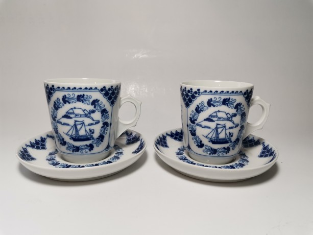 Hutschenreuther Pharisaer, Хутченройтер Фарфоровый Кофейный набор на 2 персоны с синим декором и яхтами, для Фарисей, Германия 1969г.