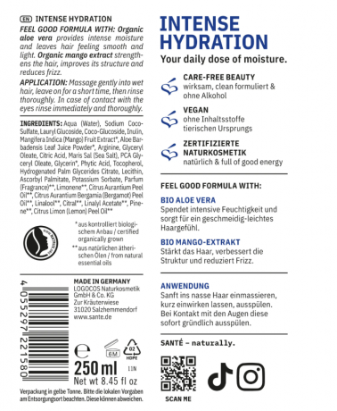 SANTE NATURKOSMETIK Shampoo Intense Hydration,  Шампунь Интенсивное увлажнение c натуральной гиалуроновой кислотой и тройным протеиновым комплексом, 250 мл